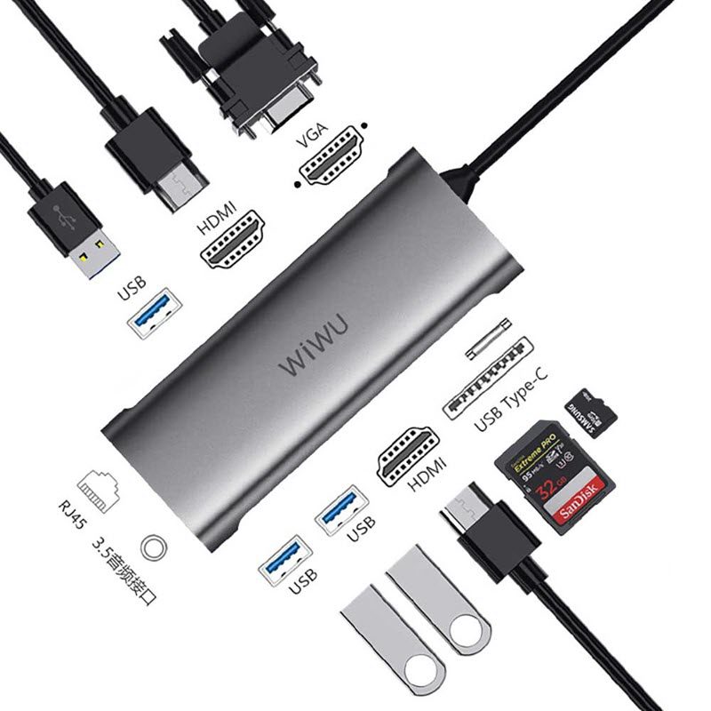 WIWU Alpha A11312H 11-in-1 USB Hub Type-C VGA RJ-45 Dual HDMI Port